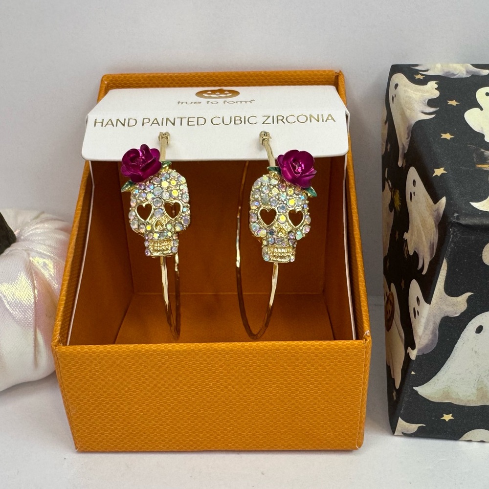 True to Form Gold Tone and CZ Sugar Skull Hoop Earrings